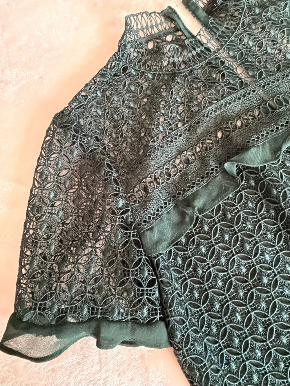 Zara Forest Green Lace Short-Sleeve Top Size M